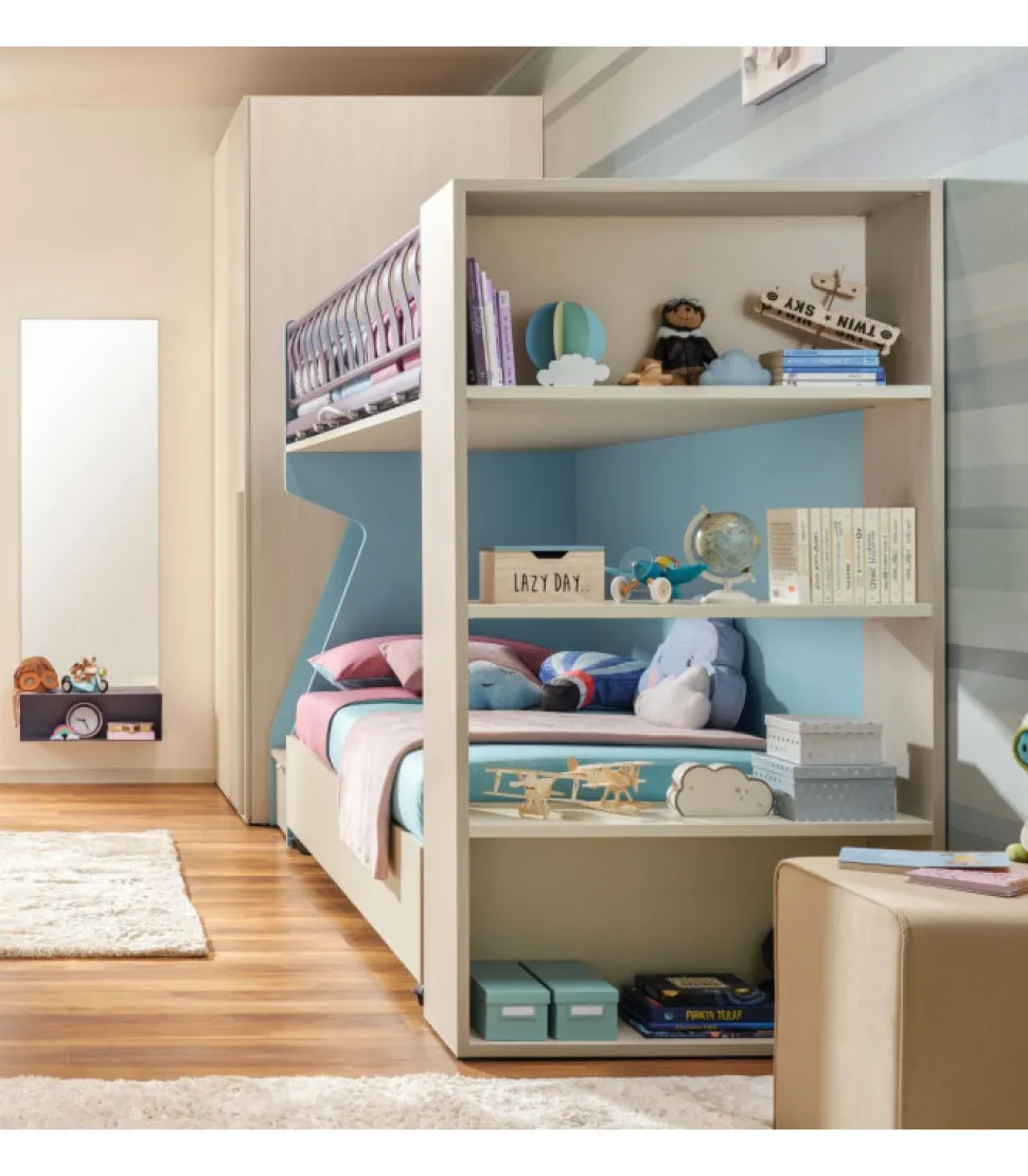 Cameretta Componibile Kc506: Letto A Castello Con Meccanismo Facile E Libreria A Giorno
