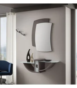 Composizione Ingresso Con Specchiera, Mesola Portaoggetti Curva Con Piani Vetro E Coppia Appendiabiti A Parete - L.108 Cm - Art 670