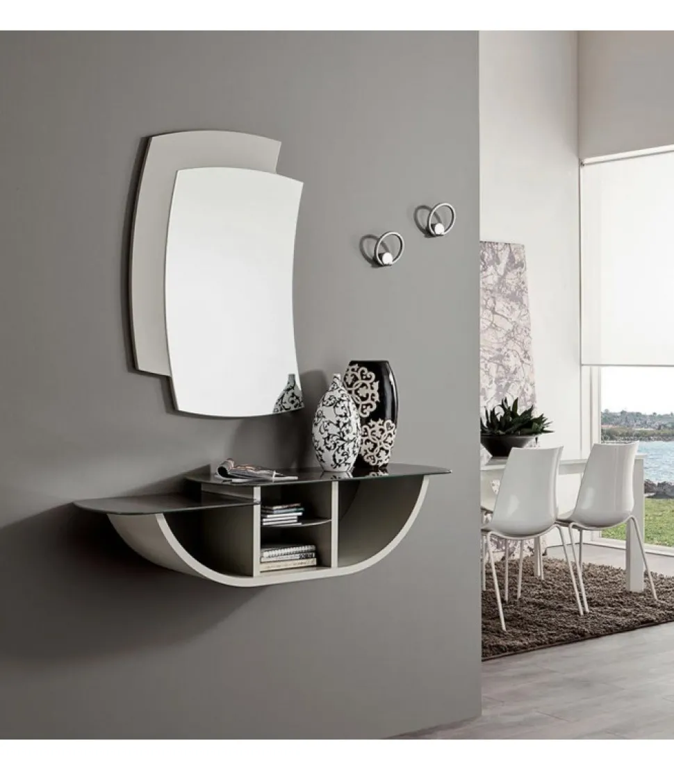 Composizione Ingresso Con Specchiera, Elemento Pensile Curvo Con Piani Vetro E Coppia Appendiabiti A Parete - L.121,5 Cm - Art 671