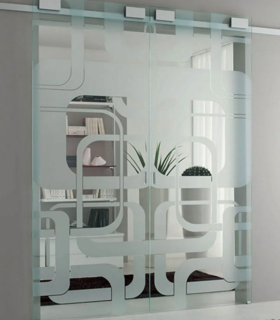 Coppia Porte Scorrevoli Vetro Con Binario A Parete In Alluminio, Ante 90X225 Cm - Binario L.360 Cm. Art. 555