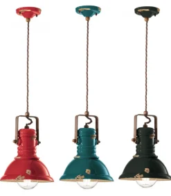 Dundee Small, Lampada Sospesa Di Ferroluce, Con Paralume In Ceramica Vintage Anticata, Made In Italy.