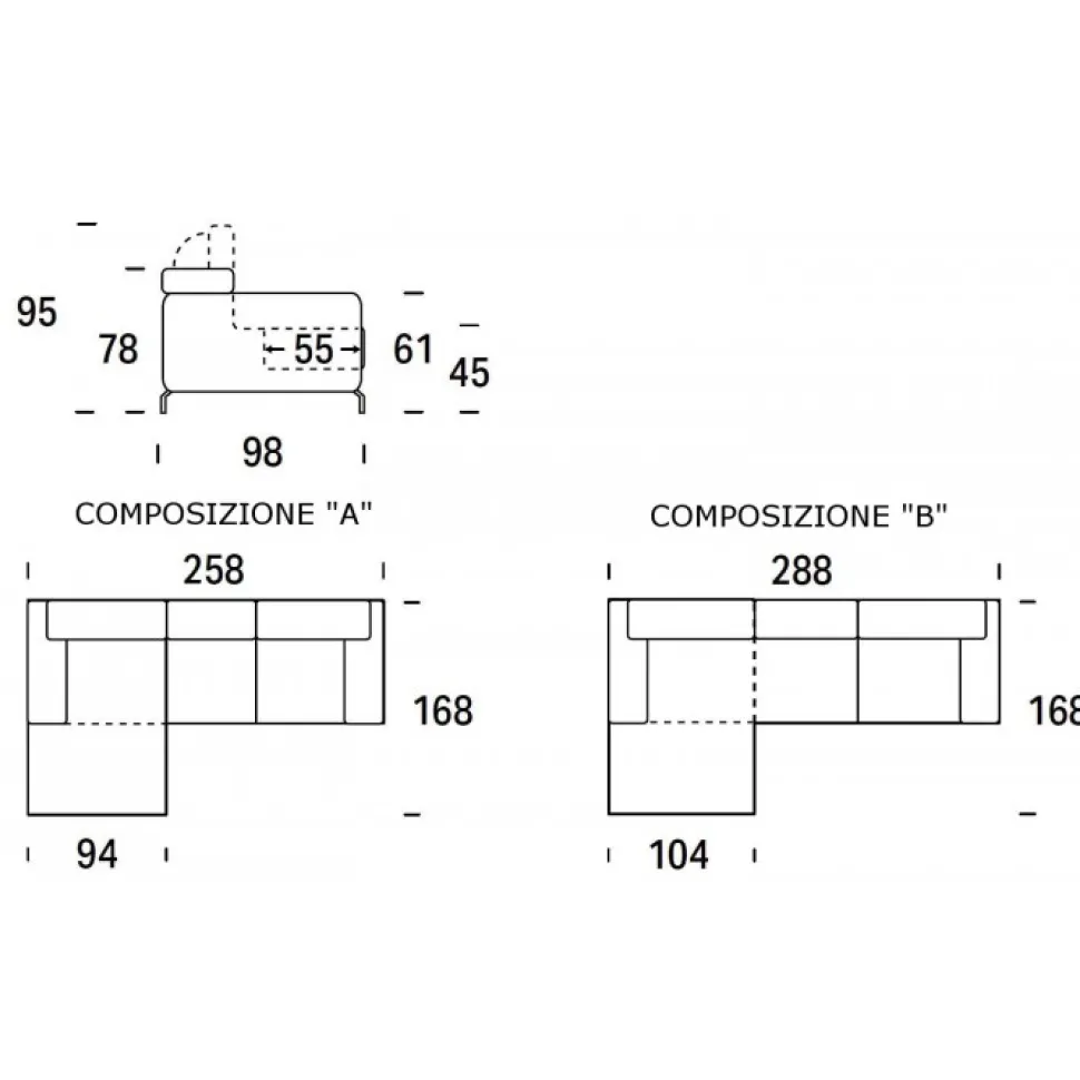 Fred, Divano Penisola Moderno Con Piedini Alti In Metallo