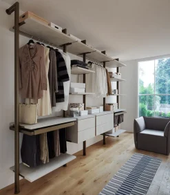 Guardaroba Per Cabina Armadio Con Montanti A Parete In Metallo E Ripiani In Hpl O Fenix. L.364,5H.2500 P.55 Cm. Art. 724