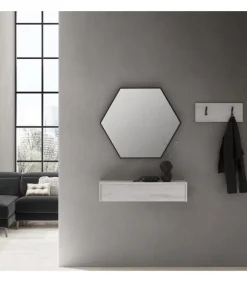 Ingresso Con Mobiletto Pensile A Ribalta, Specchiera Esagonale E Coppia Appendiabiti A Parete L.90 H.130 Cm. - Art625