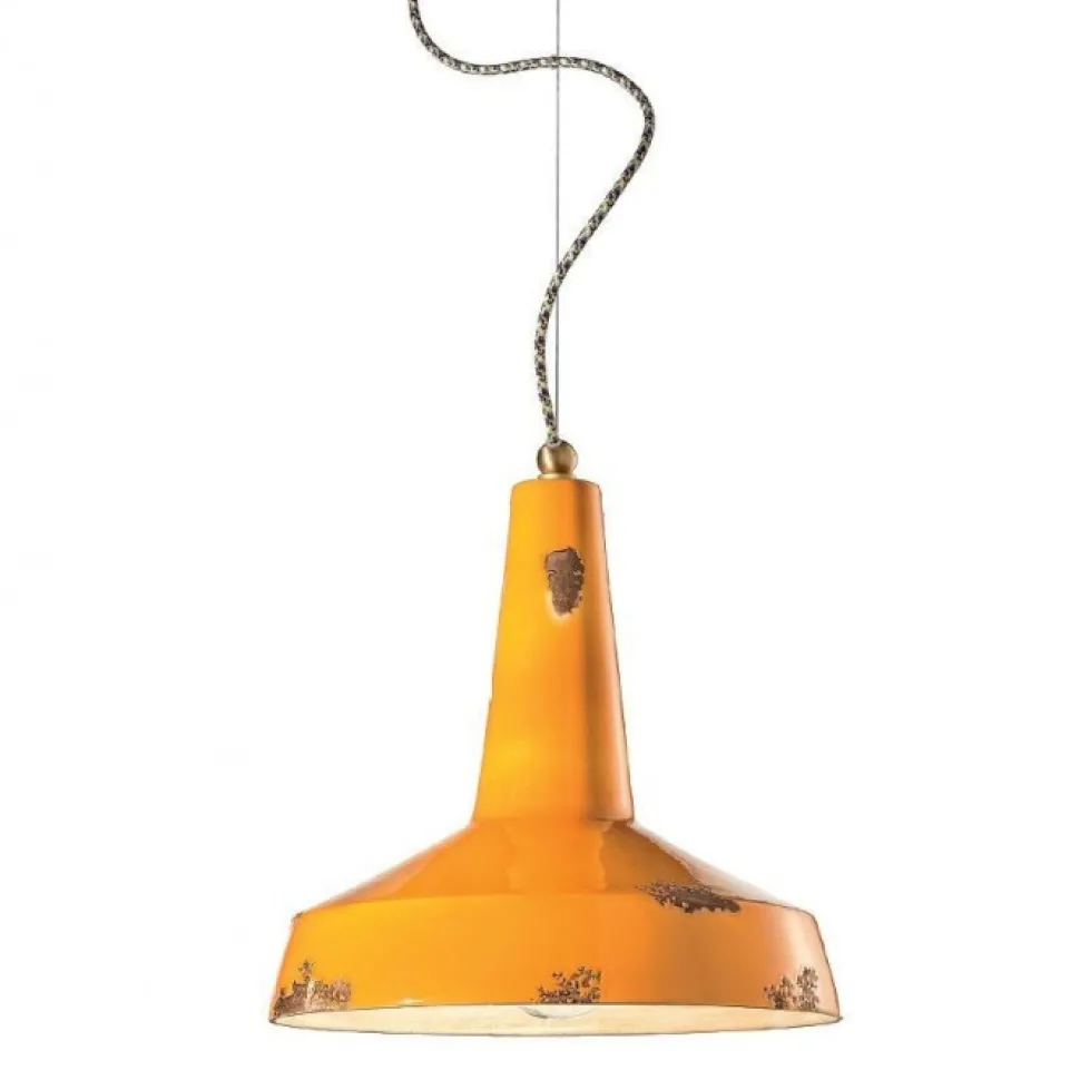 Lampada Sospesa Amarillo Di Ferroluce, Con Paralume E Rosetta In Ceramica Effetto Vintage Abbinati.