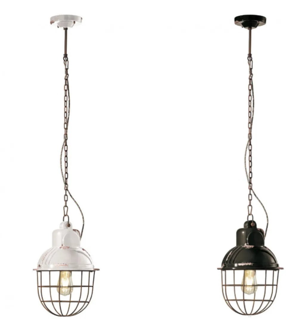 Lampada Sospesa Con Gabbia In Acciaio E Paralume In Ceramica Smaltata Effetto Retro.