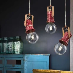 Lampadario Con Tre Luci Camargue 3 Di Ferroluce, In Ceramica Smaltata Effetto Retro.