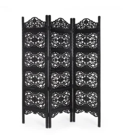 Paravento 3A Kiran Nero Anticato Struttura In Legno Di Mango E Mdf. Lavorata Ed Intarsiata A Mano