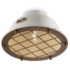 Plafoniera In Ceramica Con Colori Anticati Vintage, Gretna Di Ferroluce Con Gabbia Paralume.