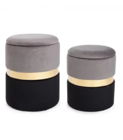 Set2 Pouf Cont.Polina Grigio-Nero Struttura In Mdf E Compensato. Rivestimento In Poliestere
