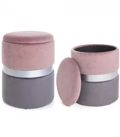 Set2 Pouf Cont.Polina Rosa-Grigio Struttura In Mdf E Compensato. Rivestimento In Poliestere