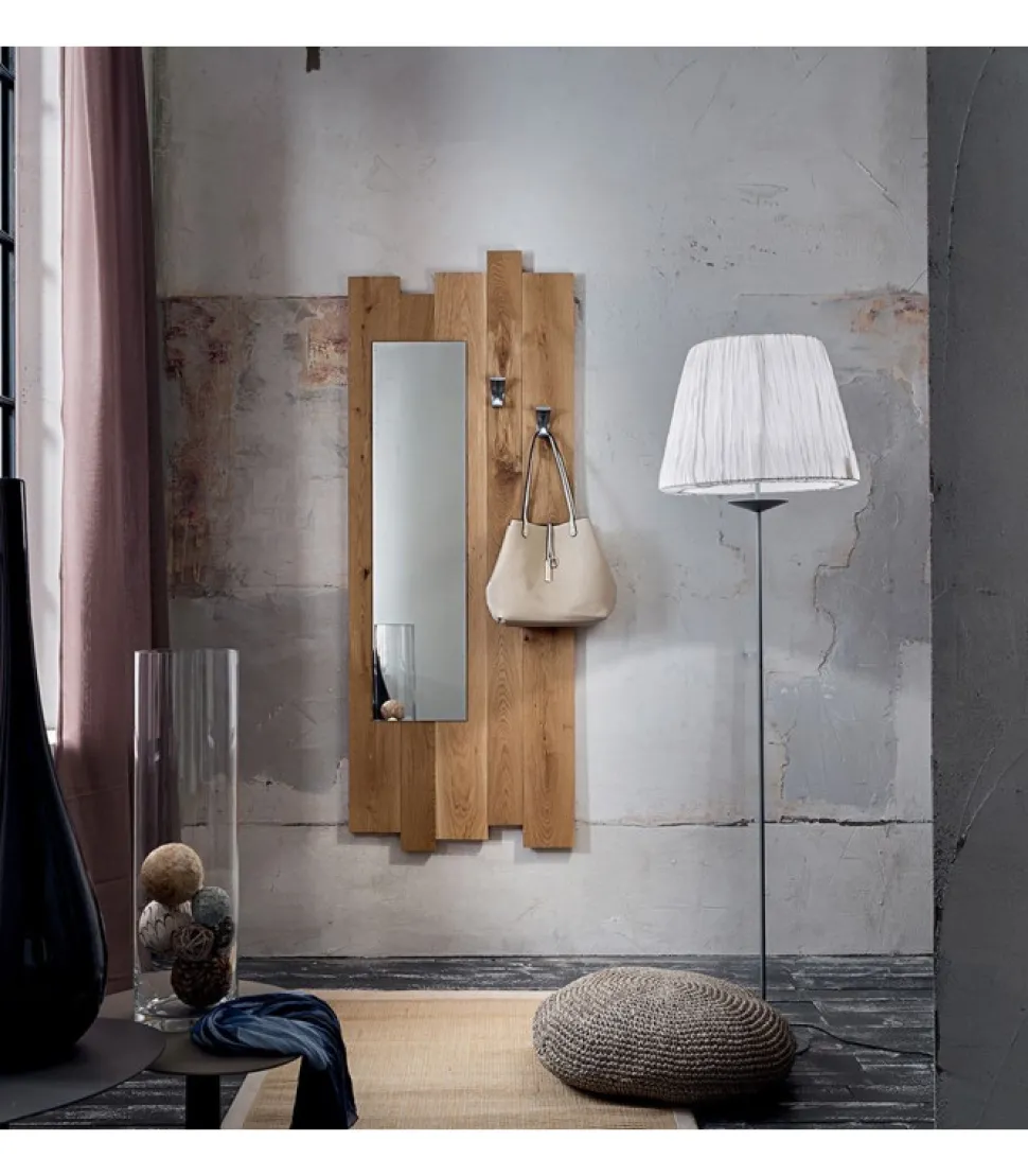 Specchiera Ingresso Con Appendiabiti, Pannello In Rovere Massiccio Sp. 4 Cm. L. 65 H. 170 Cm- Art621