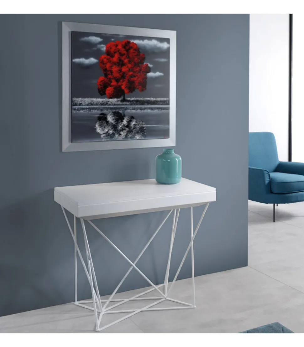 Tavolo Consolle Allungabile Con Struttura In Lamina D'Acciaio E Gambe In Acciaio Tondo Pieno Da 12 Mm