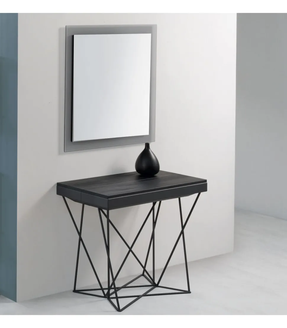 Tavolo Consolle Allungabile Con Struttura In Lamina D'Acciaio E Gambe In Acciaio Tondo Pieno Da 12 Mm