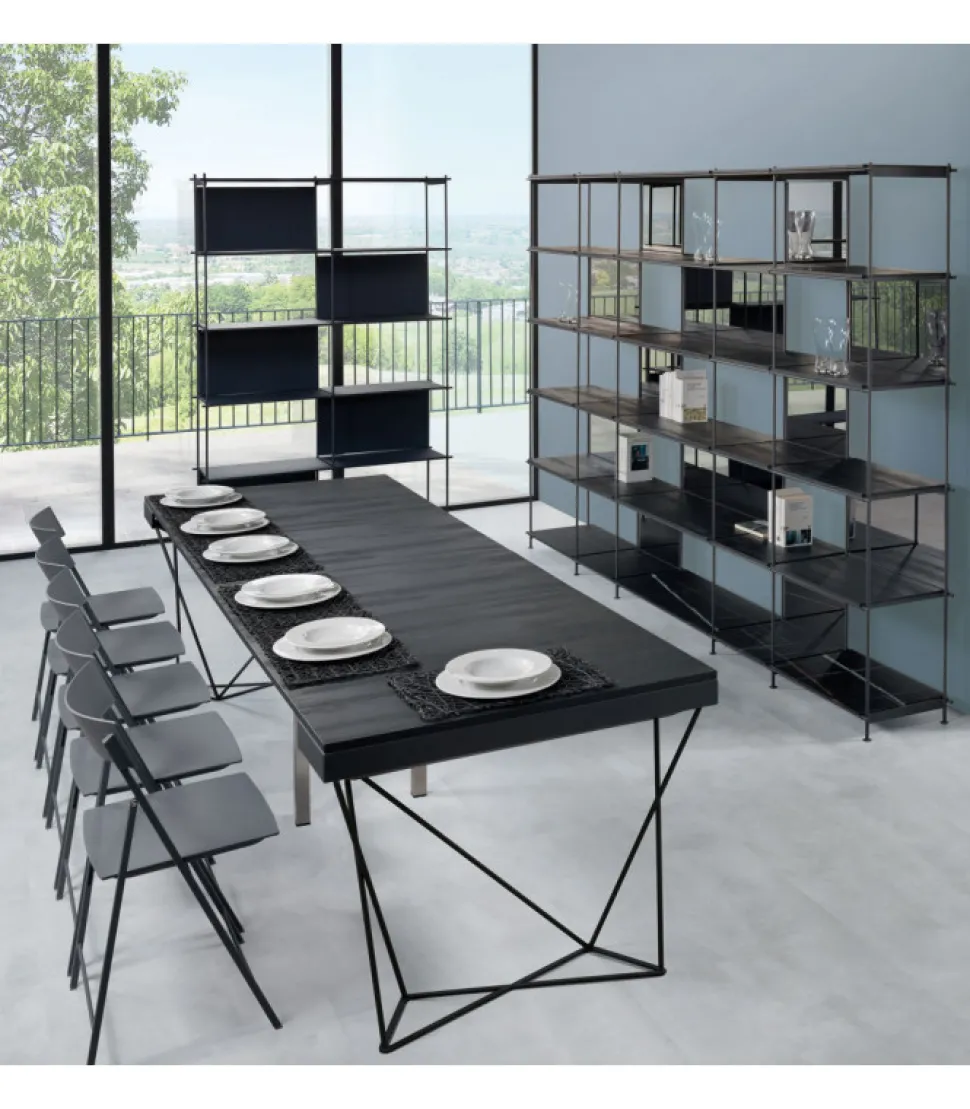 Tavolo Consolle Allungabile Con Struttura In Lamina D'Acciaio E Gambe In Acciaio Tondo Pieno Da 12 Mm