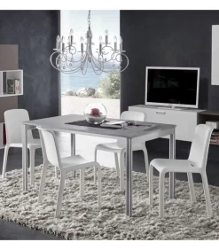 Tavolo Fisso Con Piano Laminato E Vetro, Gambe Alluiminio Con Decoro. L. 120 E 140 X80 Cm. - Art.Tv114