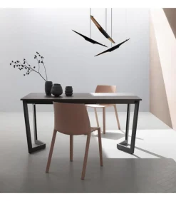 Tavolo Fisso Da Cucina Moderno Con Piano Laminato E Vetro, Telaio Gambe In Metallo Verniciato.Da 138 E 160 Cm. - Art.Tv144