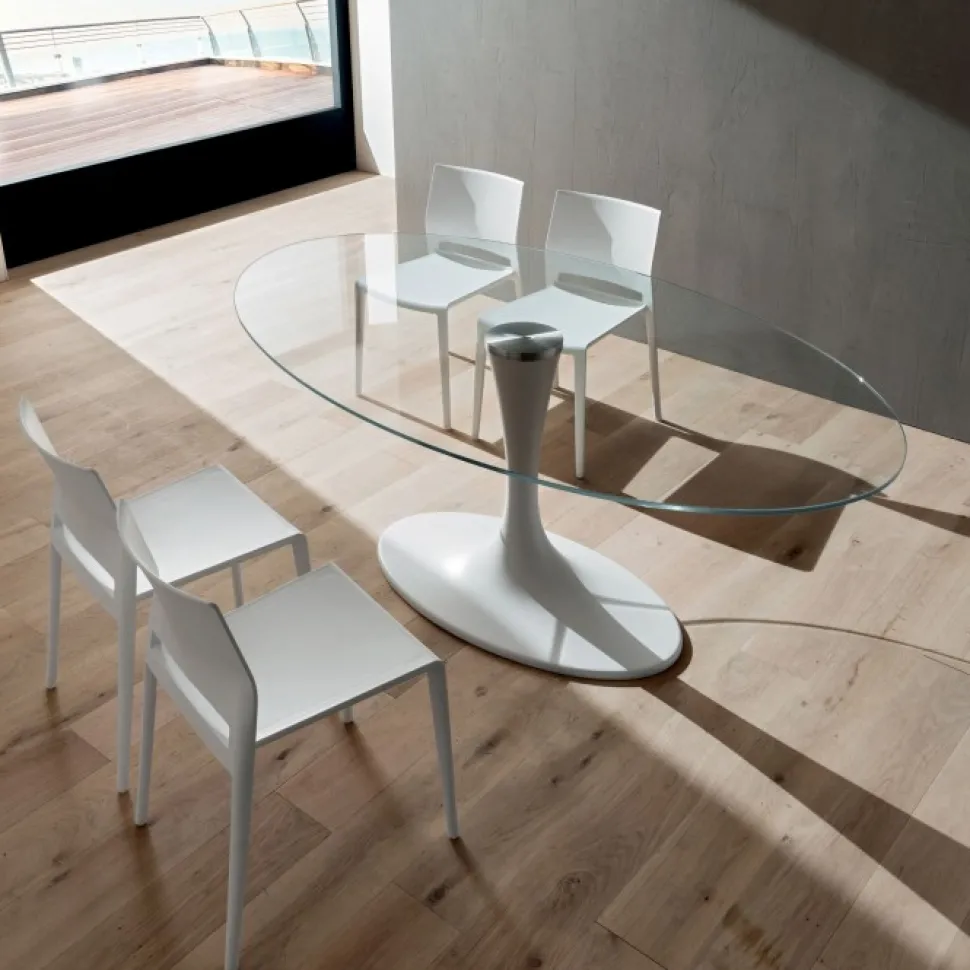 Tavolo In Stile Toulip Con Basamento In Minerlmarmo E Piano Ovalelaminato, Impiallacciato O Vetro L.209X116 H.76 (200X116 In Vetro)