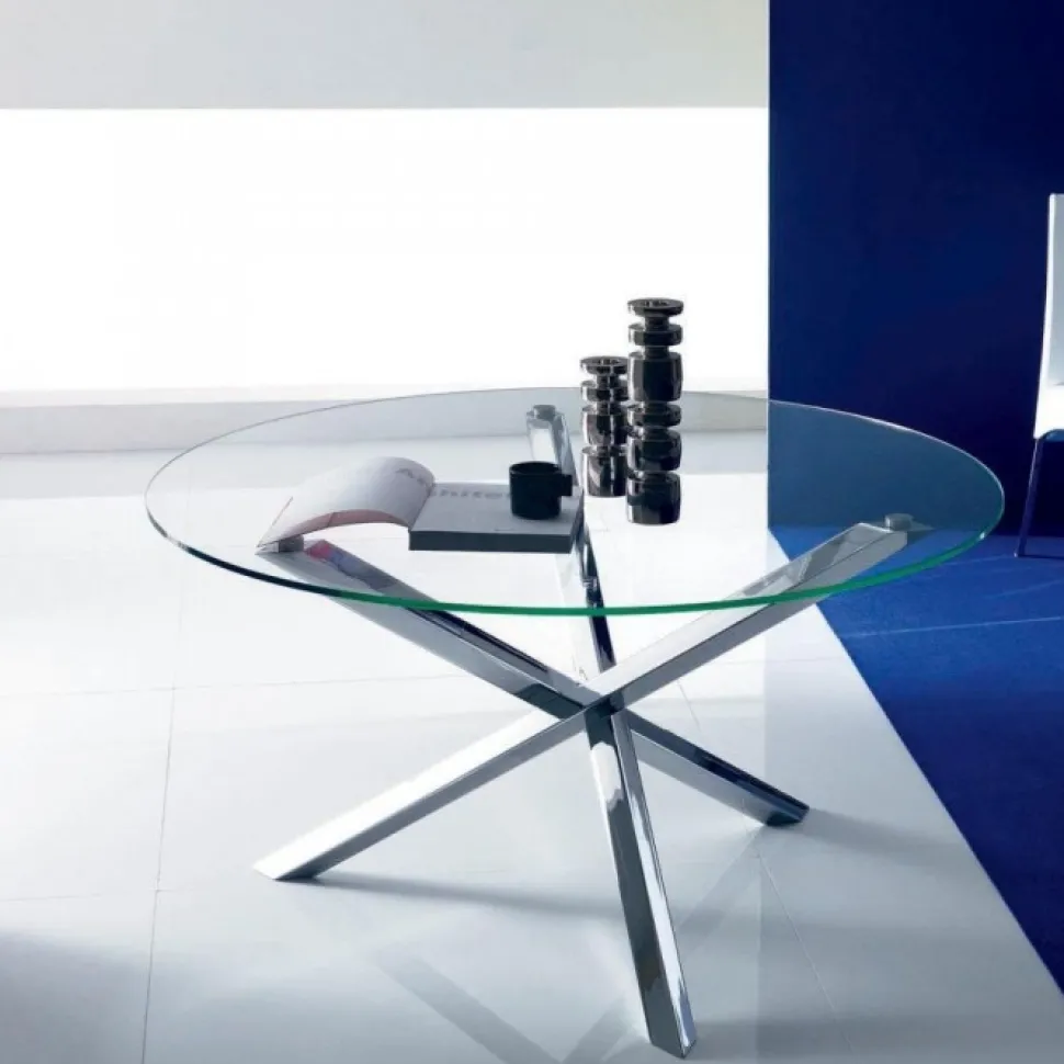 Tavolo Rotondo Fisso Trio, Metallo E Vetro Anche Antigraffio