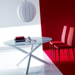 Tavolo Rotondo Fisso Trio, Metallo E Vetro Anche Antigraffio