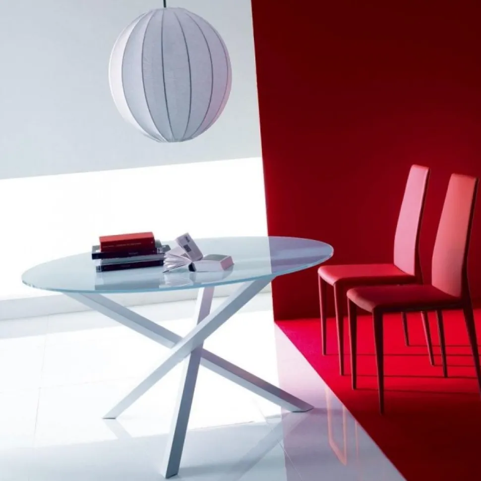 Tavolo Rotondo Fisso Trio, Metallo E Vetro Anche Antigraffio